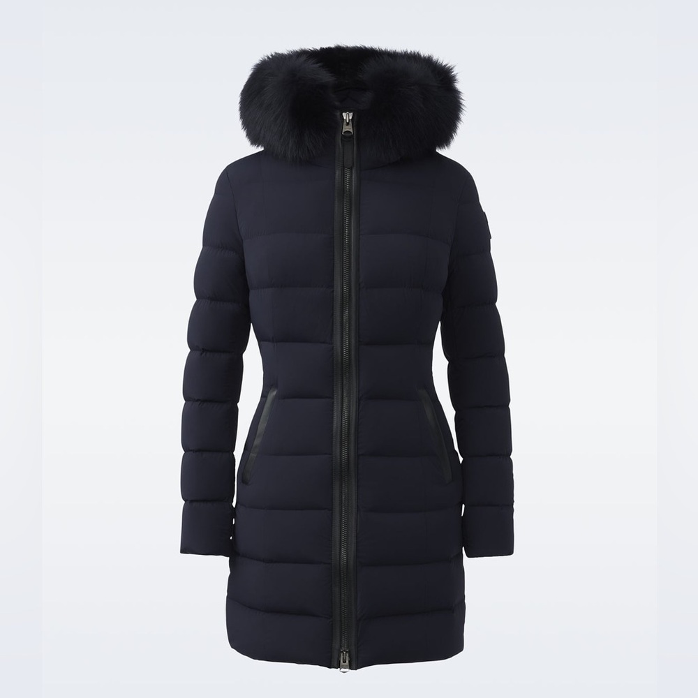 Mackage Calla Agile-360 stretch light down coat with black fox fur collar